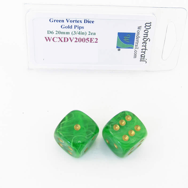 WCXDV2005E2 Green Vortex Dice with Gold Pips 20mm (3/4in) D6 Pack of 2 Main Image