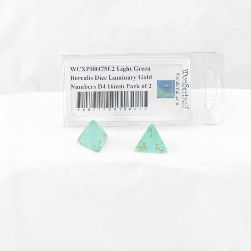 WCXPB0475E2 Light Green Borealis Dice Luminary Gold Numbers D4 16mm Pack of 2 Main Image