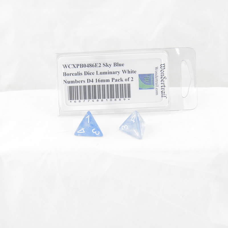 WCXPB0486E2 Sky Blue Borealis Dice Luminary White Numbers D4 16mm Pack of 2 Main Image