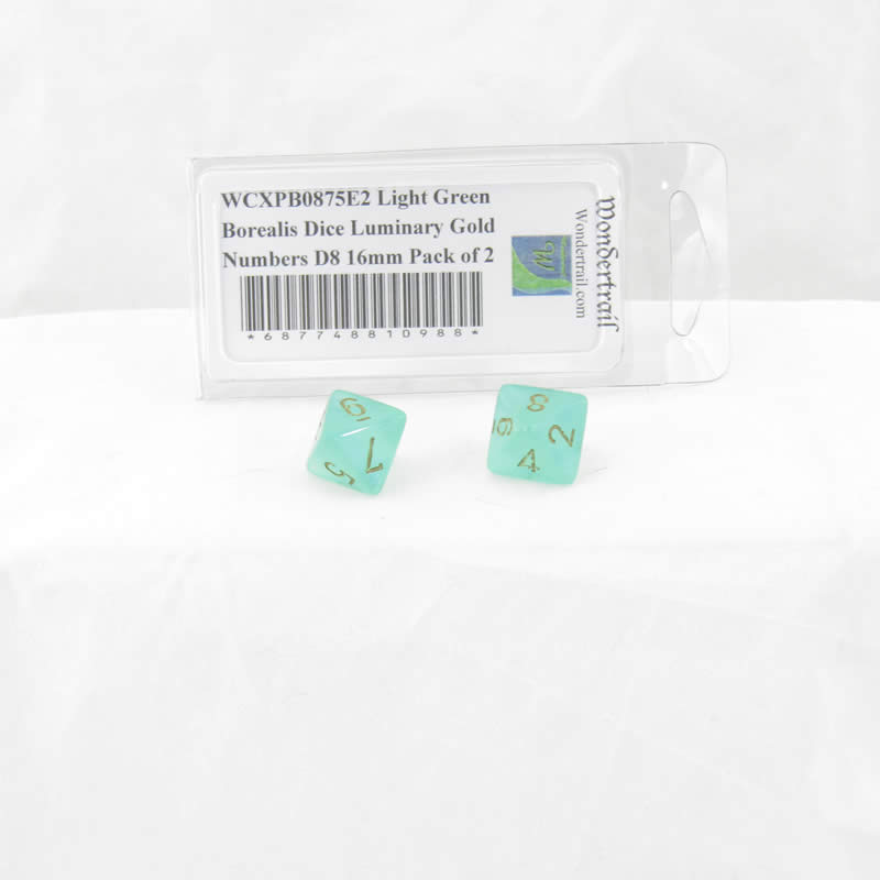 WCXPB0875E2 Light Green Borealis Dice Luminary Gold Numbers D8 16mm Pack of 2 Main Image