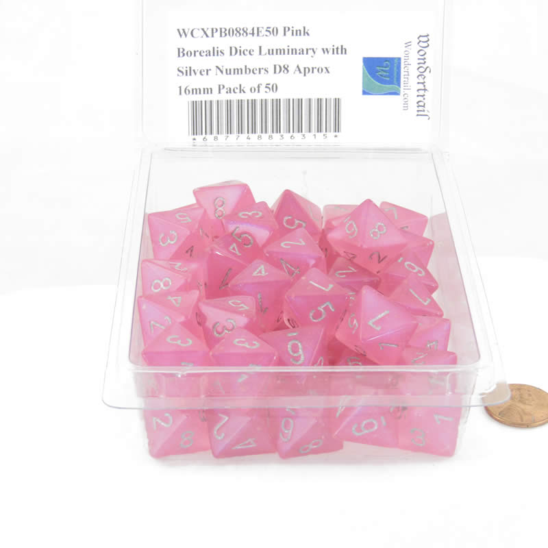 WCXPB0884E50 Pink Borealis Dice Luminary with Silver Numbers D8 Aprox 16mm Pack of 50 2nd Image