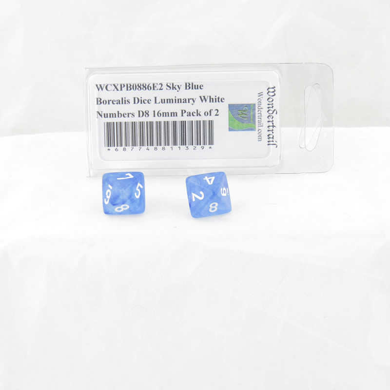 WCXPB0886E2 Sky Blue Borealis Dice Luminary White Numbers D8 16mm Pack of 2 Main Image