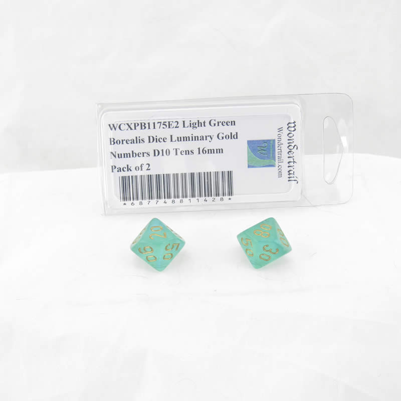 WCXPB1175E2 Light Green Borealis Dice Luminary Gold Numbers D10 Tens 16mm Pack of 2 Main Image