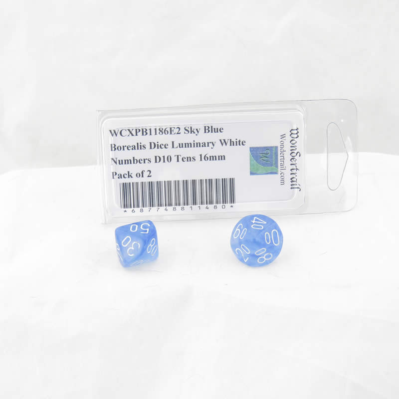 WCXPB1186E2 Sky Blue Borealis Dice Luminary White Numbers D10 Tens 16mm Pack of 2 Main Image