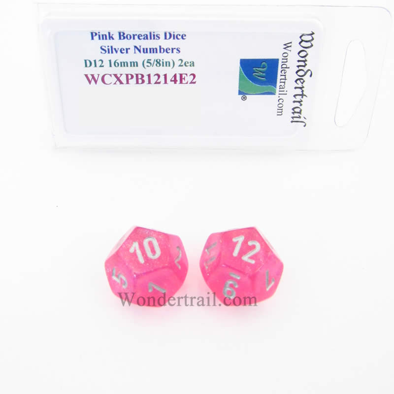 WCXPB1214E2 Pink Borealis Dice Silver Numbers D12 16mm Pack of 2 Main Image