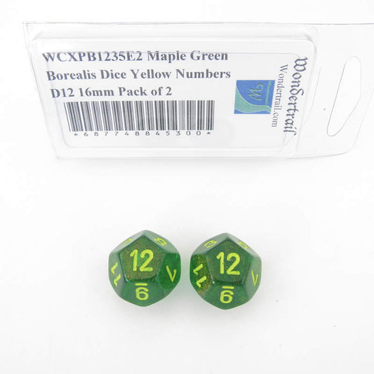 WCXPB1235E2 Maple Green Borealis Dice Yellow Numbers D12 16mm Pack of 2 Main Image