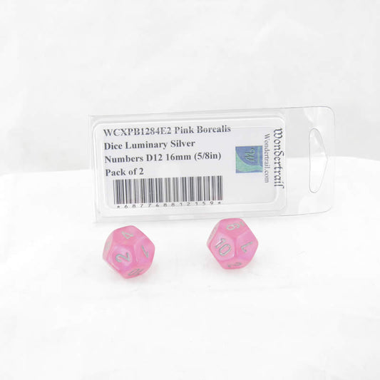 WCXPB1284E2 Pink Borealis Dice Luminary Silver Numbers D12 16mm (5/8in) Pack of 2 Main Image
