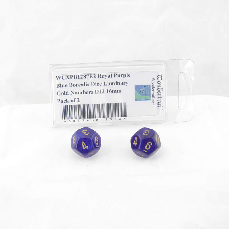 WCXPB1287E2 Royal Purple Blue Borealis Dice Luminary Gold Numbers D12 16mm Pack of 2 Main Image