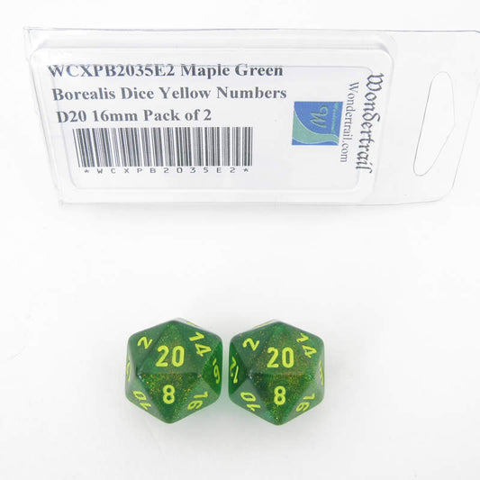 WCXPB2035E2 Maple Green Borealis Dice Yellow Numbers D20 16mm Pack of 2 Main Image