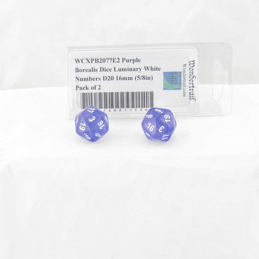 WCXPB2077E2 Purple Borealis Dice Luminary White Numbers D20 16mm (5/8in) Pack of 2 Main Image