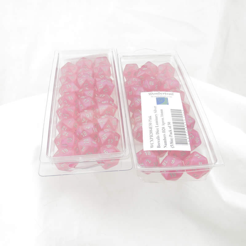 WCXPB2084E50 Pink Borealis Dice Luminary Silver Numbers D20 Aprox 16mm (5/8in) Pack of 50 2nd Image