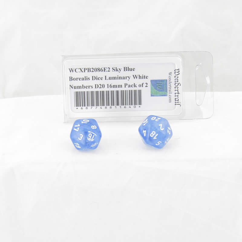 WCXPB2086E2 Sky Blue Borealis Dice Luminary White Numbers D20 16mm Pack of 2 Main Image