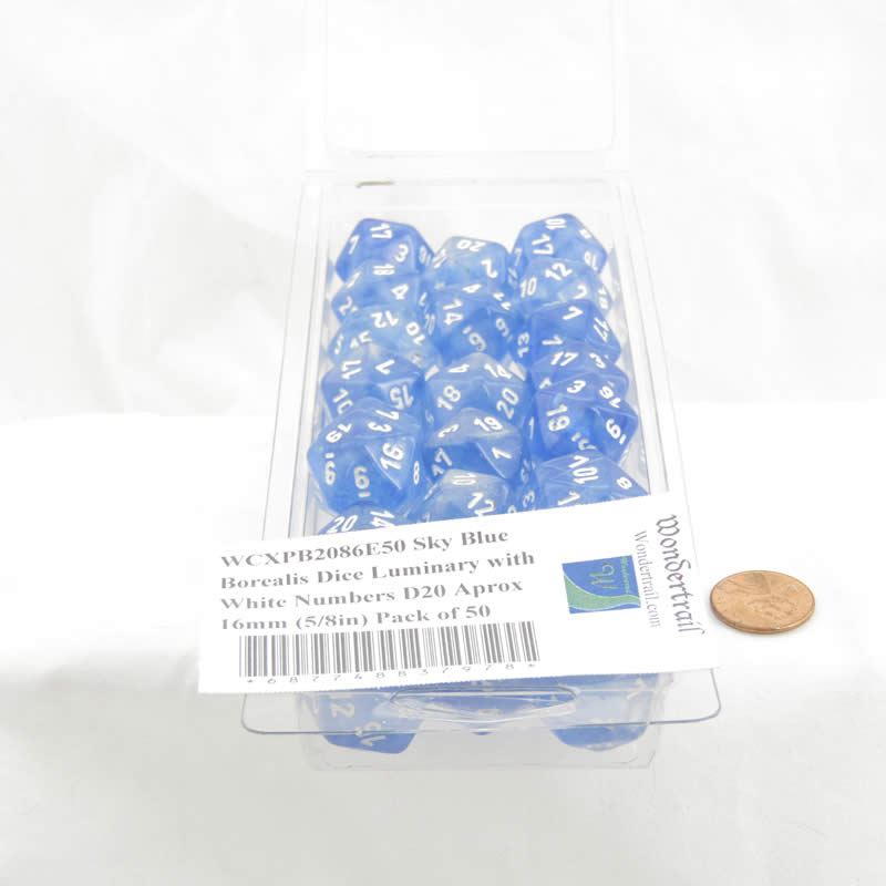 WCXPB2086E50 Sky Blue Borealis Dice Luminary with White Numbers D20 Aprox 16mm (5/8in) Pack of 50 2nd Image