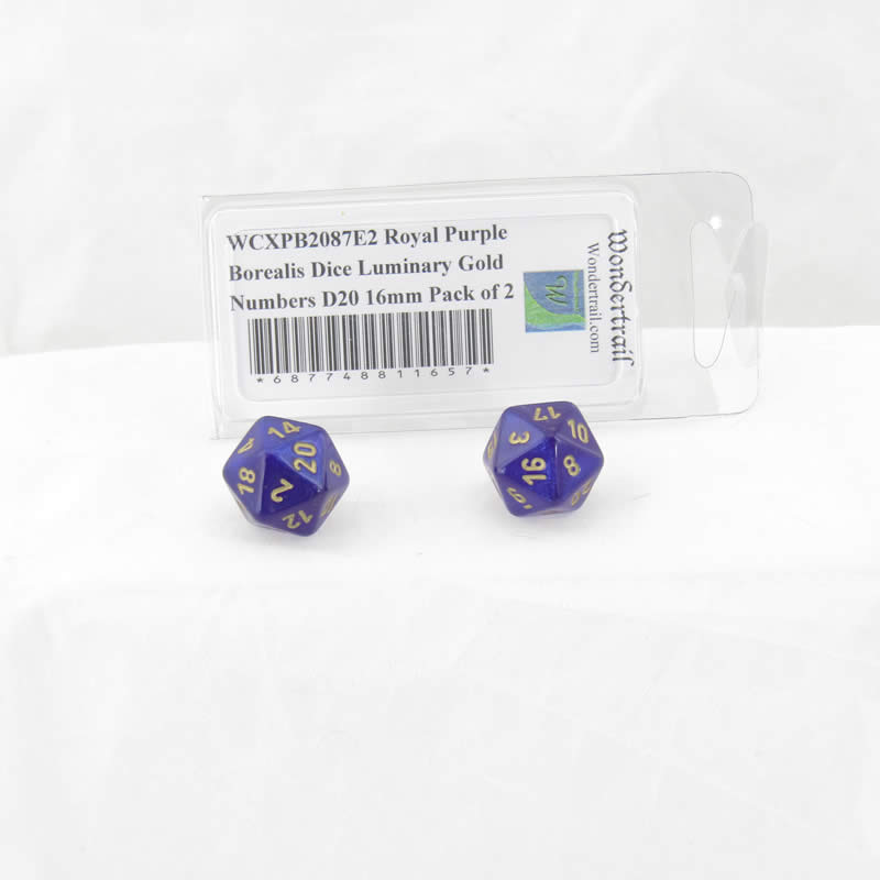 WCXPB2087E2 Royal Purple Borealis Dice Luminary Gold Numbers D20 16mm Pack of 2 Main Image