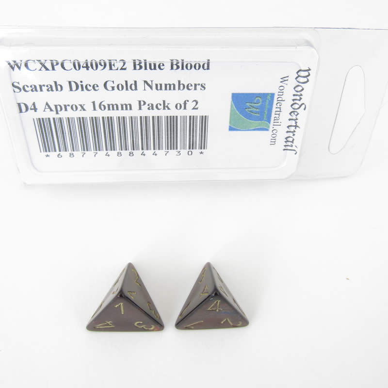 WCXPC0409E2 Blue Blood Scarab Dice Gold Numbers D4 Aprox 16mm Pack of 2 Main Image