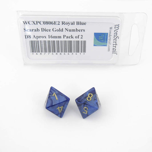 WCXPC0806E2 Royal Blue Scarab Dice Gold Numbers D8 Aprox 16mm Pack of 2 Main Image