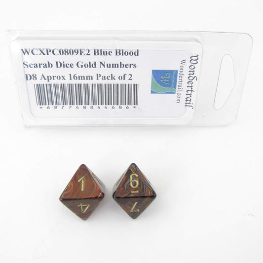 WCXPC0809E2 Blue Blood Scarab Dice Gold Numbers D8 Aprox 16mm Pack of 2 Main Image