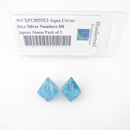 WCXPC0855E2 Aqua Cirrus Dice Silver Numbers D8 Aprox 16mm Pack of 2 Main Image