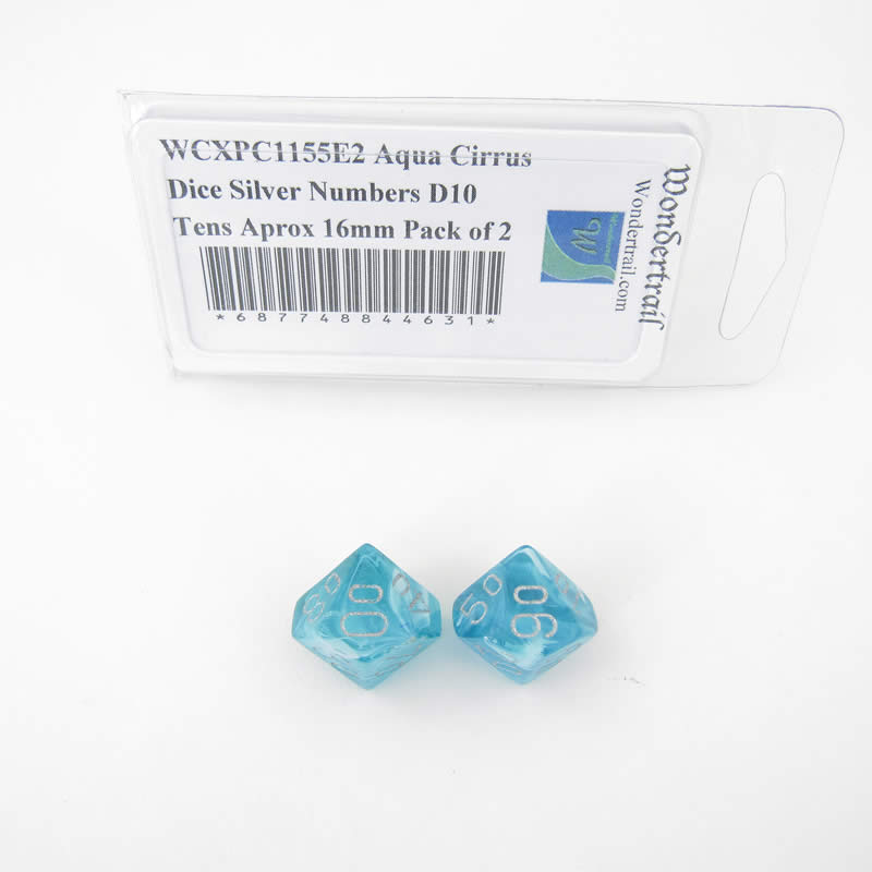 WCXPC1155E2 Aqua Cirrus Dice Silver Numbers D10 Tens Aprox 16mm Pack of 2 Main Image