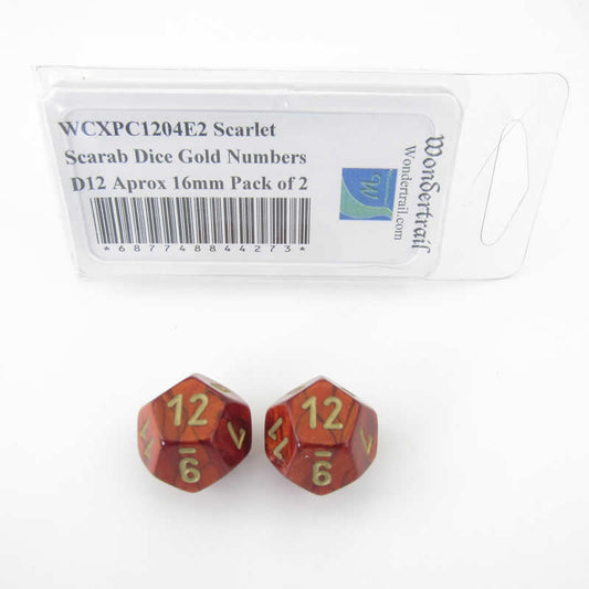 WCXPC1204E2 Scarlet Scarab Dice Gold Numbers D12 Aprox 16mm Pack of 2 Main Image