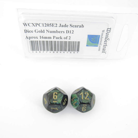 WCXPC1205E2 Jade Scarab Dice Gold Numbers D12 Aprox 16mm Pack of 2 Main Image