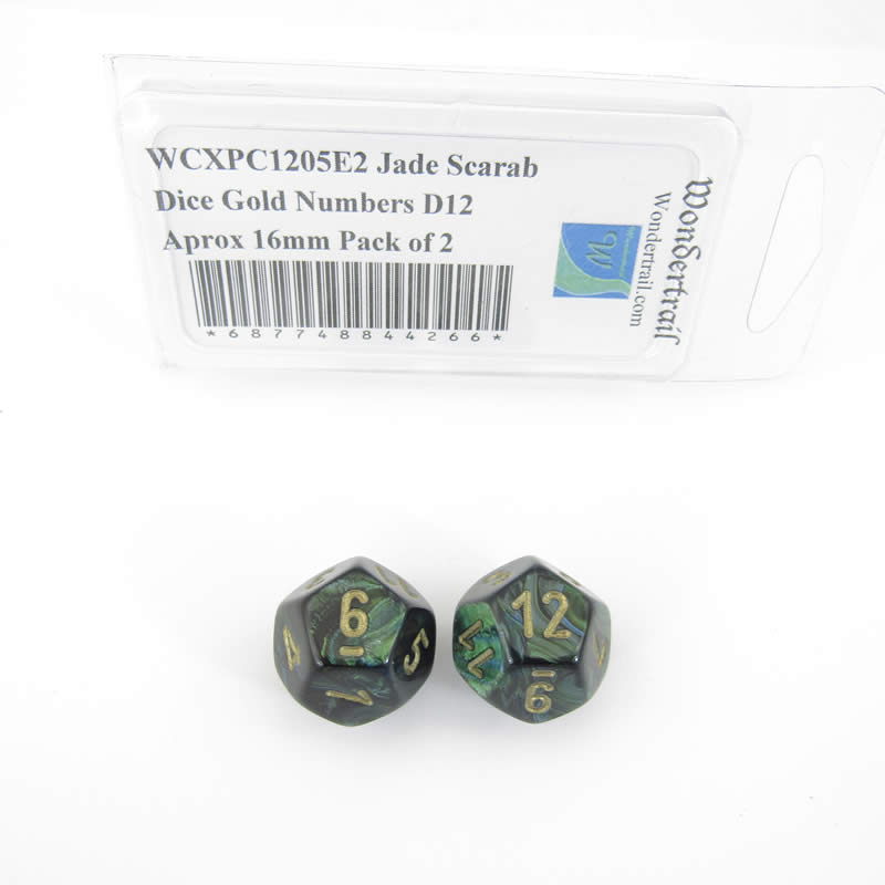 WCXPC1205E2 Jade Scarab Dice Gold Numbers D12 Aprox 16mm Pack of 2 Main Image