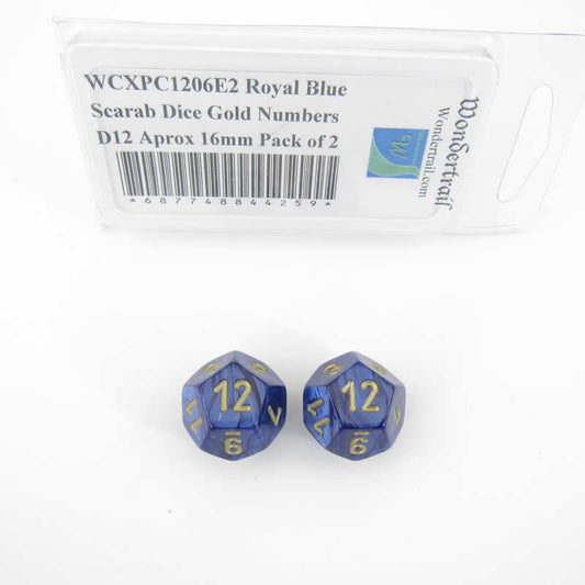 WCXPC1206E2 Royal Blue Scarab Dice Gold Numbers D12 Aprox 16mm Pack of 2 Main Image
