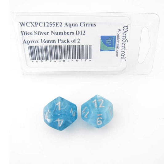WCXPC1255E2 Aqua Cirrus Dice Silver Numbers D12 Aprox 16mm Pack of 2 Main Image