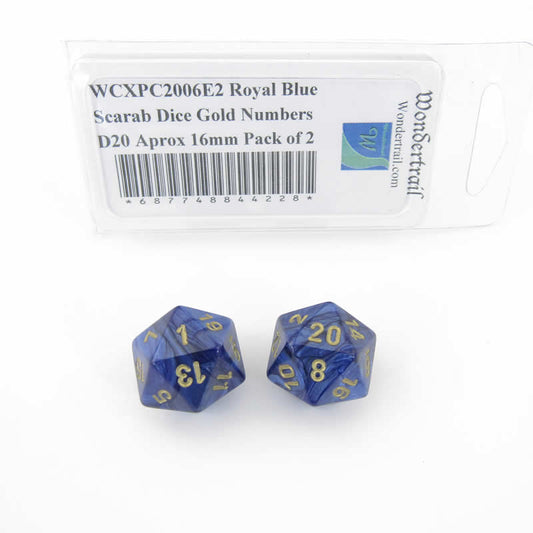 WCXPC2006E2 Royal Blue Scarab Dice Gold Numbers D20 Aprox 16mm Pack of 2 Main Image