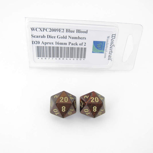 WCXPC2009E2 Blue Blood Scarab Dice Gold Numbers D20 Aprox 16mm Pack of 2 Main Image