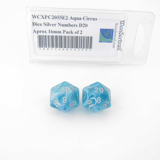 WCXPC2055E2 Aqua Cirrus Dice Silver Numbers D20 Aprox 16mm Pack of 2 Main Image