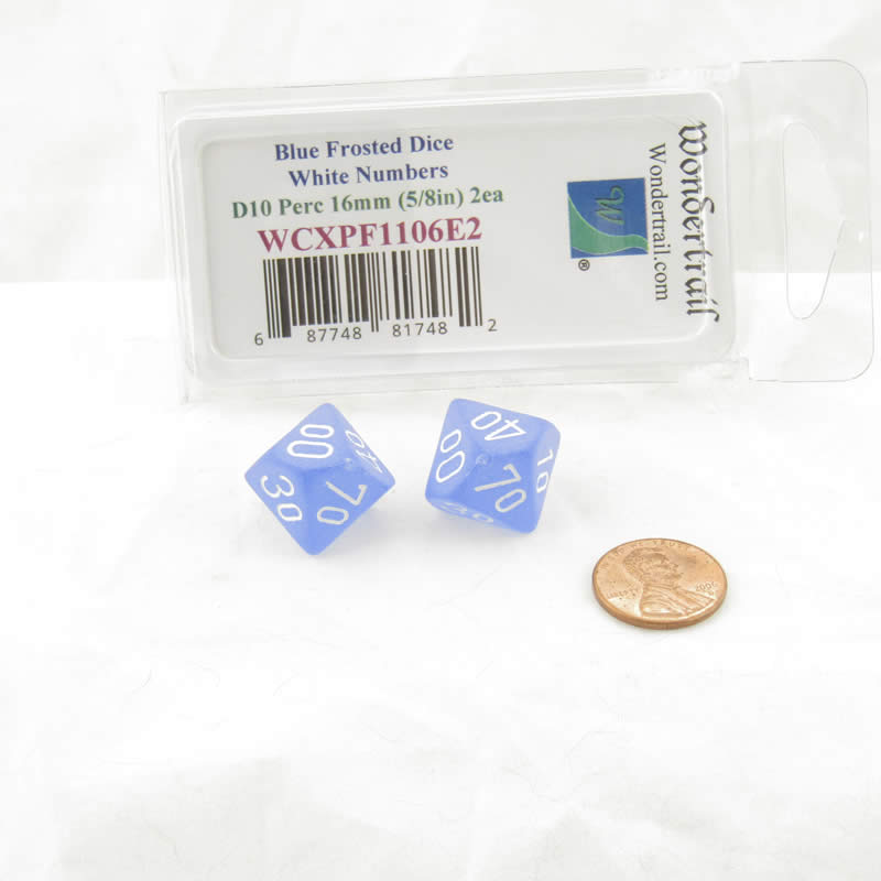 WCXPF1106E2 Blue Frosted Dice White Numbers D10 Perc 16mm Pack of 2 2nd Image