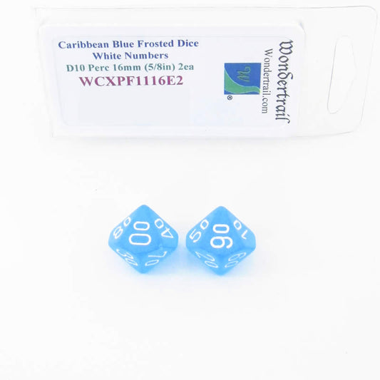 WCXPF1116E2 Caribbean Blue Frosted Dice White Numbers D10 Perc 16mm Pack of 2 Main Image