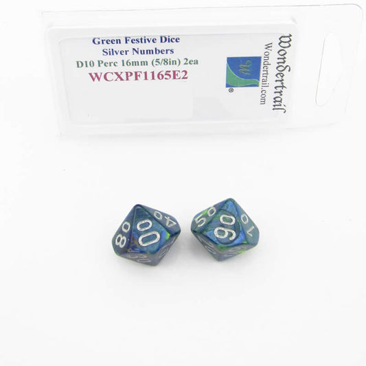WCXPF1165E2 Green Festive Dice Silver Numbers D10 Perc 16mm Pack of 2 Main Image