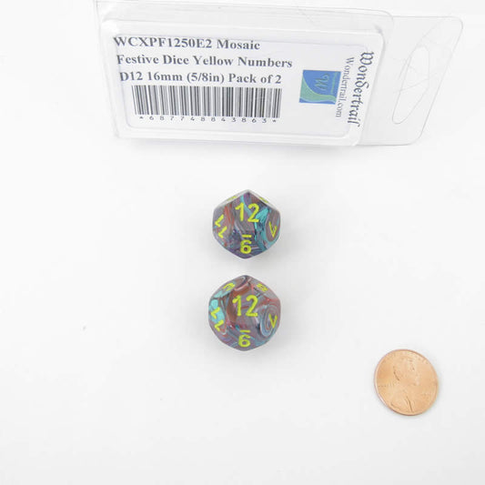 WCXPF1250E2 Mosaic Festive Dice Yellow Numbers D12 16mm (5/8in) Pack of 2 Main Image