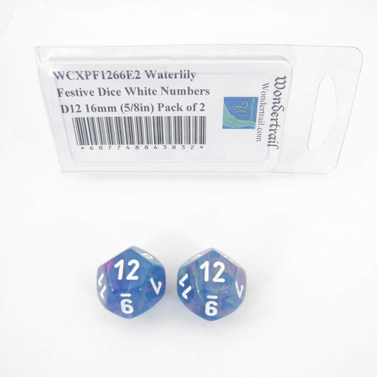 WCXPF1266E2 Waterlily Festive Dice White Numbers D12 16mm (5/8in) Pack of 2 Main Image