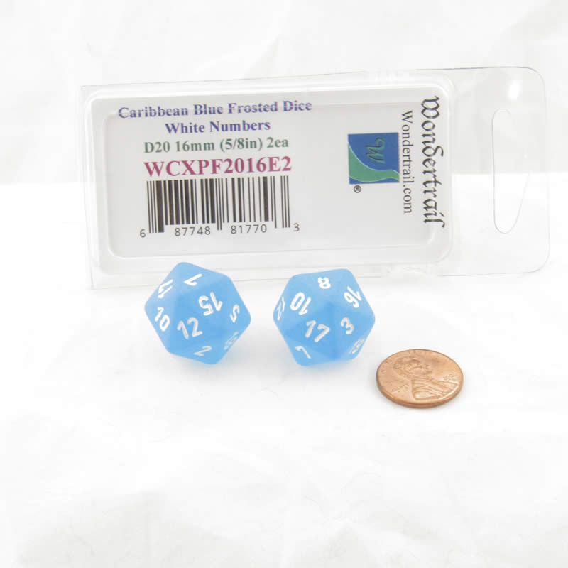 WCXPF2016E2 Caribbean Blue Frosted Dice White Numbers D20 16mm Pack of 2 2nd Image