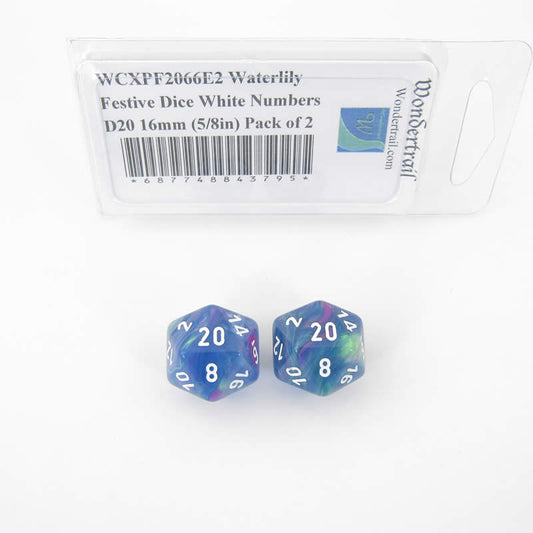 WCXPF2066E2 Waterlily Festive Dice White Numbers D20 16mm (5/8in) Pack of 2 Main Image
