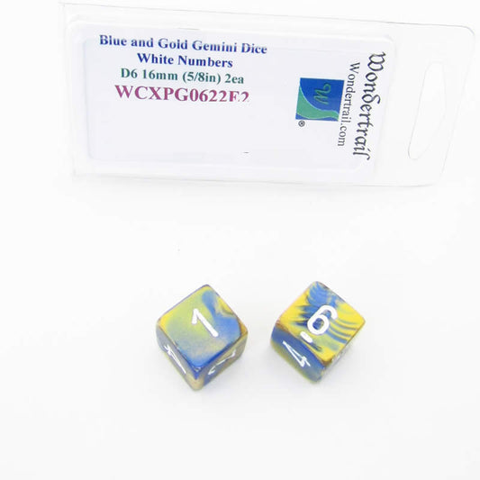 WCXPG0622E2 Blue Gold Gemini Dice White Numbers D6 16mm Pack of 2 Main Image