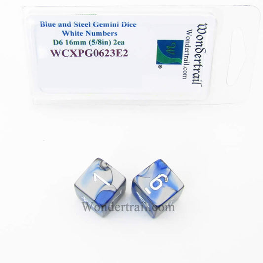 WCXPG0623E2 Blue Steel Gemini Dice White Numbers D6 16mm Pack of 2 Main Image