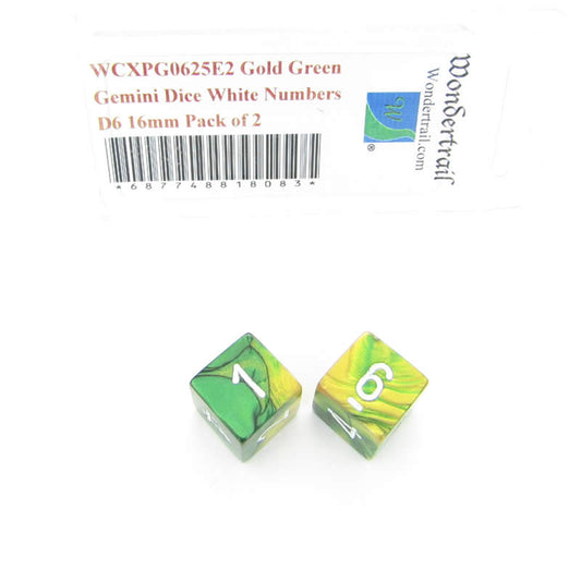 WCXPG0625E2 Gold Green Gemini Dice White Numbers D6 16mm Pack of 2 Main Image