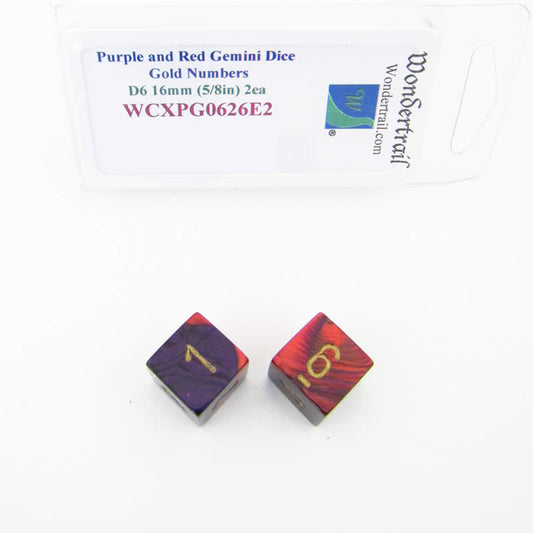 WCXPG0626E2 Purple Red Gemini Dice Gold Numbers D6 16mm Pack of 2 Main Image
