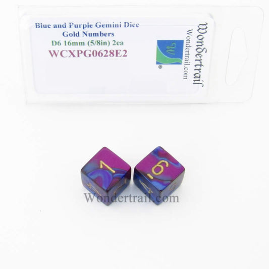 WCXPG0628E2 Blue Purple Gemini Dice Gold Numbers D6 16mm Pack of 2 Main Image