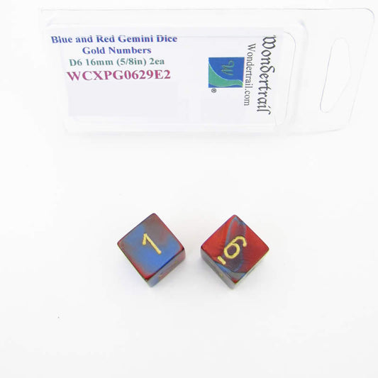 WCXPG0629E2 Blue Red Gemini Dice Gold Numbers D6 16mm Pack of 2 Main Image