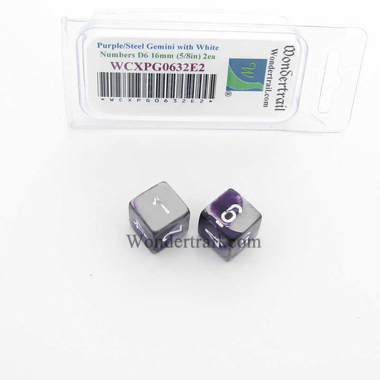 WCXPG0632E2 Purple Steel Gemini Dice White Numbers D6 16mm Pack of 2 Main Image