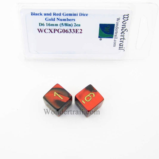WCXPG0633E2 Black Red Gemini Dice Gold Numbers D6 16mm Pack of 2 Main Image