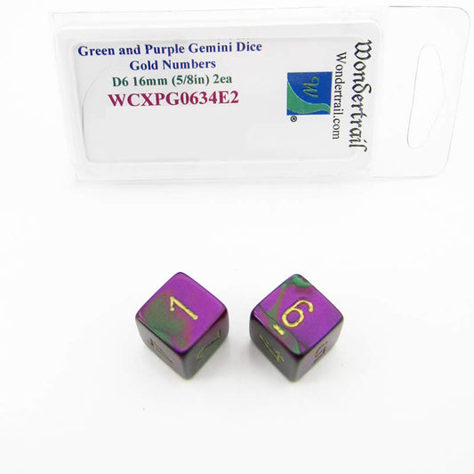 WCXPG0634E2 Green Purple Gemini Dice Gold Colored Numbers D6 16mm Pack of 2 Main Image