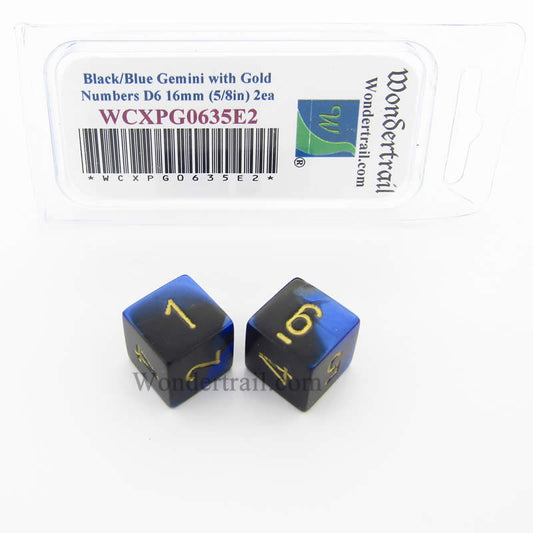 WCXPG0635E2 Black Blue Gemini Dice Gold Numbers D6 16mm Pack of 2 Main Image