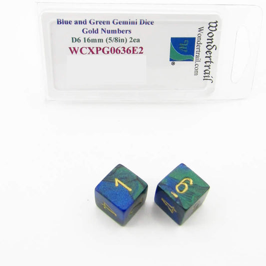 WCXPG0636E2 Blue Green Gemini Dice Gold Colored Numbers D6 16mm Pack of 2 Main Image