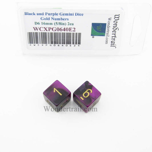 WCXPG0640E2 Black Purple Gemini Dice Gold Numbers D6 16mm Pack of 2 Main Image